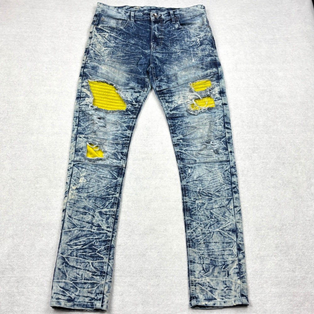 Southpole Skinny Jeans Mens 34x34 Acid Wash Distressed Yellow Moto Biker Denim
